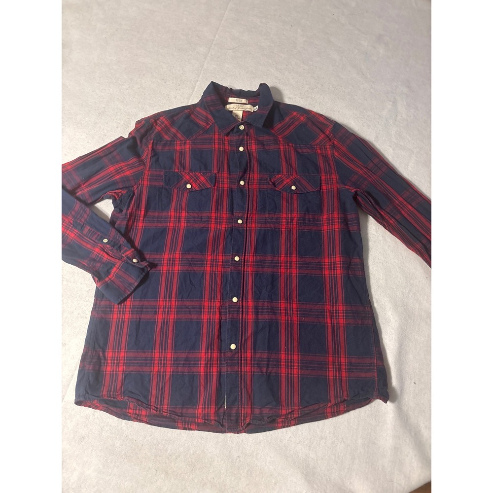 HM LOGG Mens XL Fitted Plaid Western Snap Front Shirt Navy Red Cotton 0302786 2